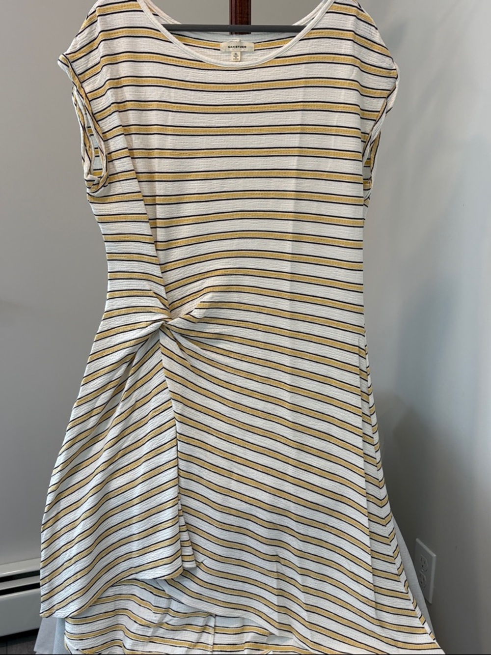 Max Studio Striped Asymmetrical Knot Dress in White, Yellow and Black